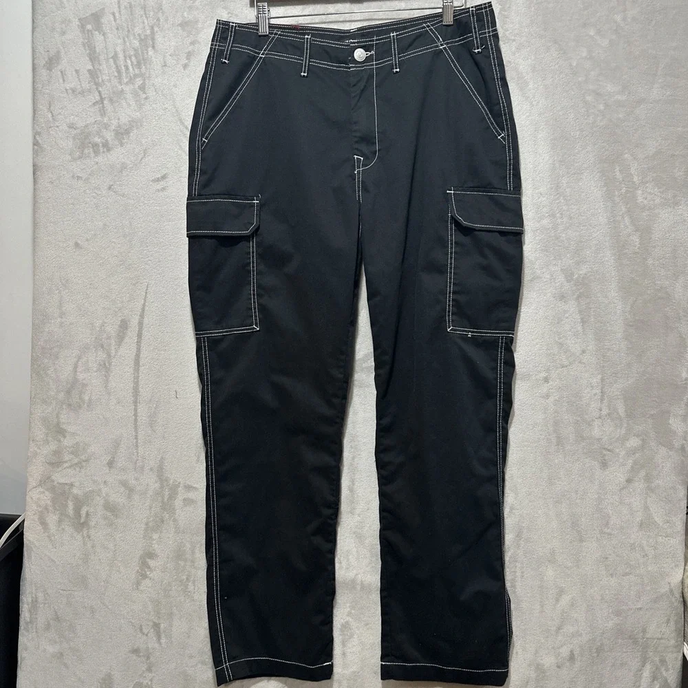 TRUE RELIGION Cargo Pant Sz 34 Horseshoe Outline Graphic Letter Jet Black White